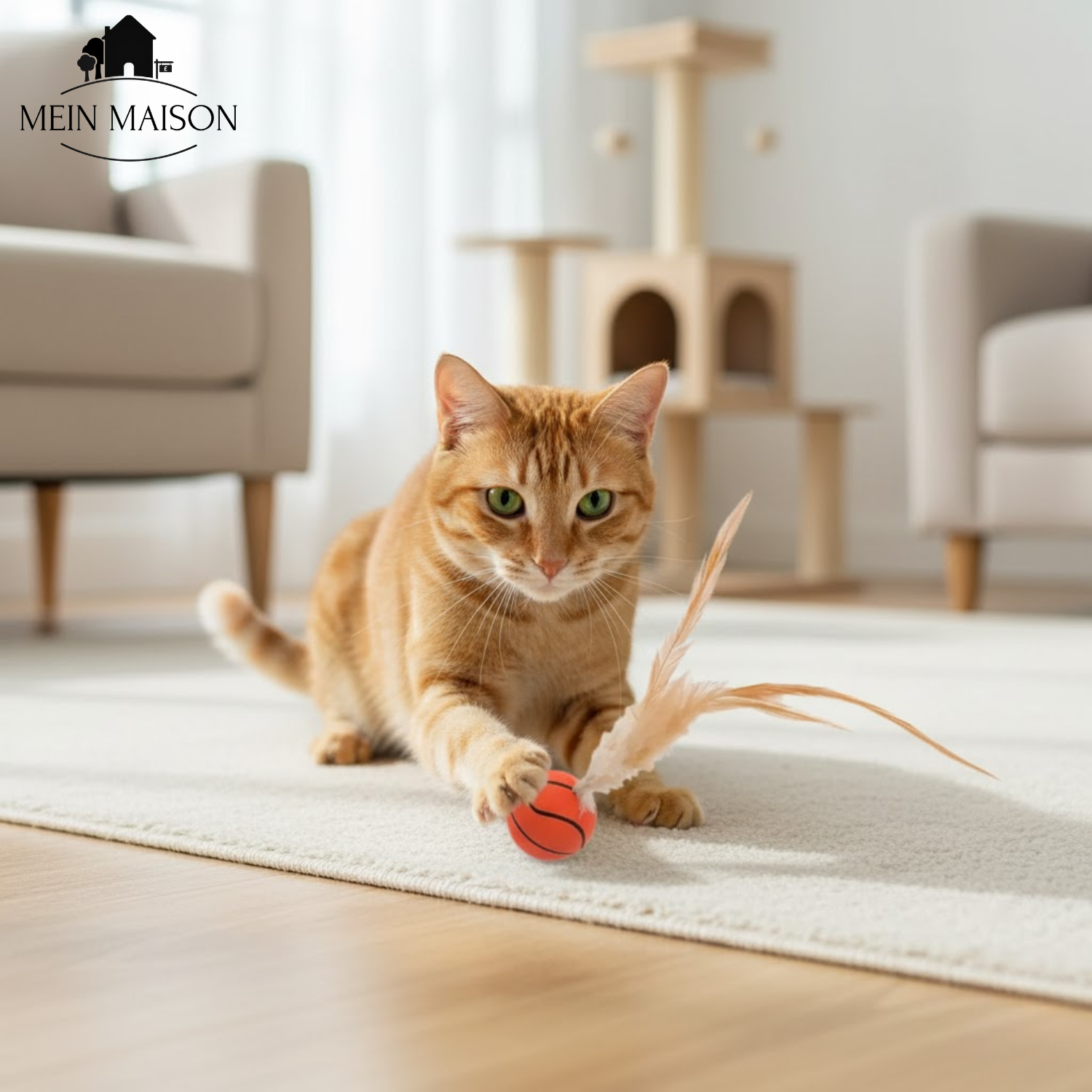 Katzenspielzeug mit Federn und Sprungball – ohne Batterien – Bild 5