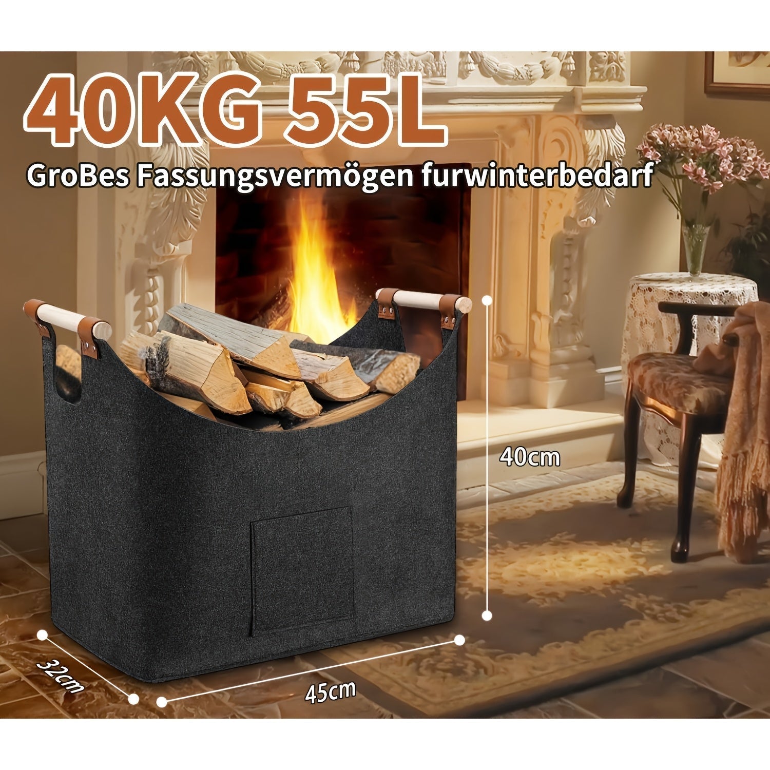 Kaminholzkorb aus Filz – faltbar, mit Holzgriffen – Bild 6