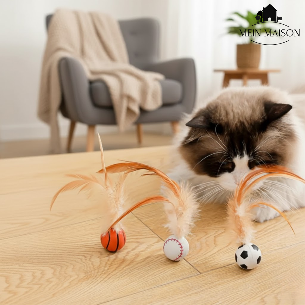 Katzenspielzeug mit Federn und Sprungball – ohne Batterien – Bild 1