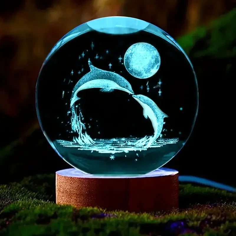Glaskugel mit Lasergravur – Delfin- und Mondmotiv – Bild 1