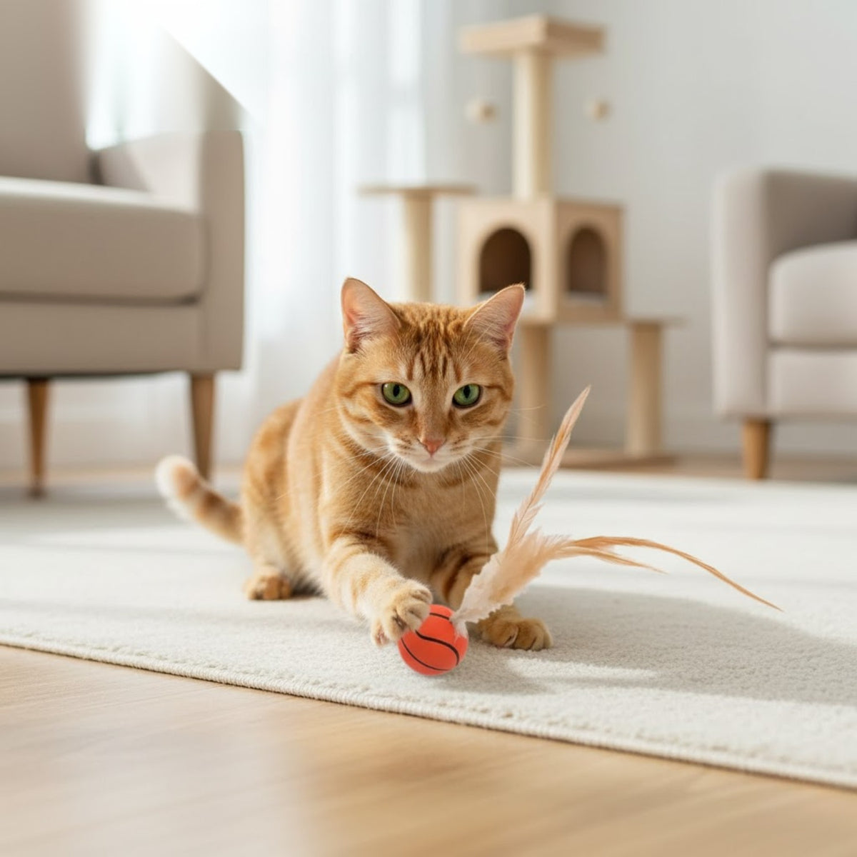 Katzenspielzeug mit Federn und Sprungball – ohne Batterien