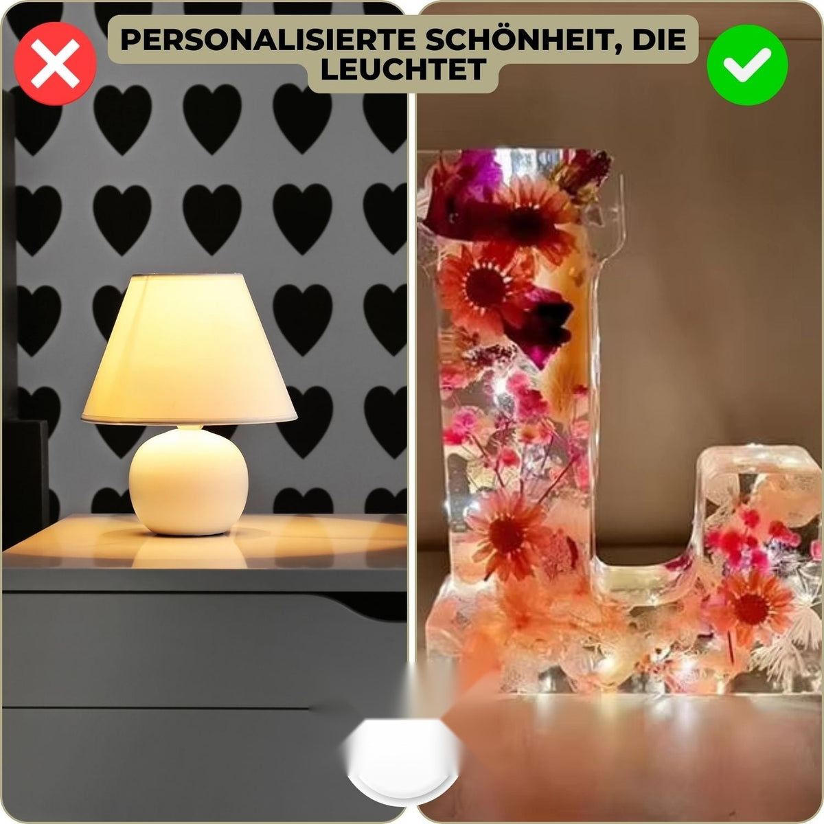 Leuchtbuchstabe aus Harz mit Trockenblumen